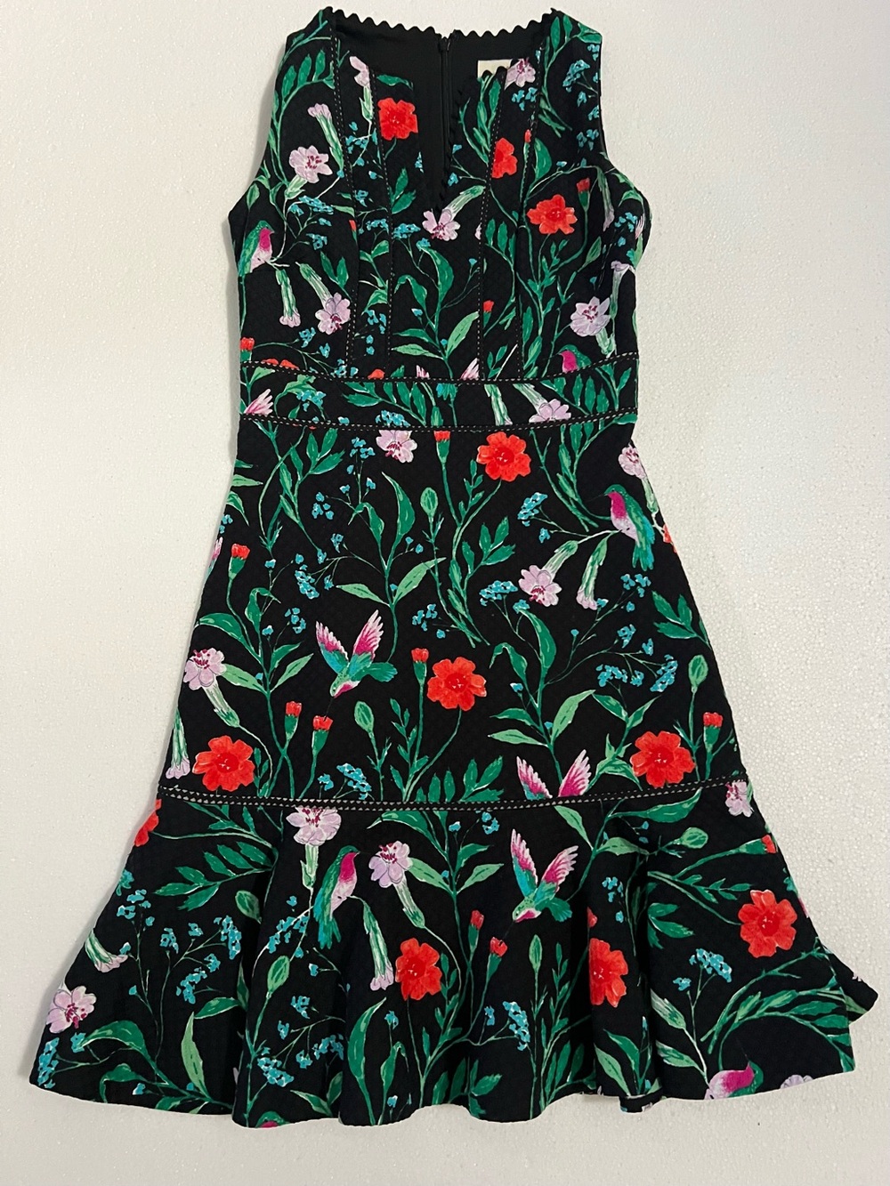 kate spade Black Floral Embroidered Mini Dress with Red & Green Accents size 0